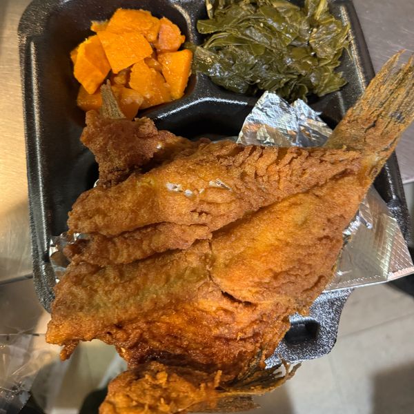 Fried Black Bass w/Collards and Candied Sweet Potatoes $14 USD
