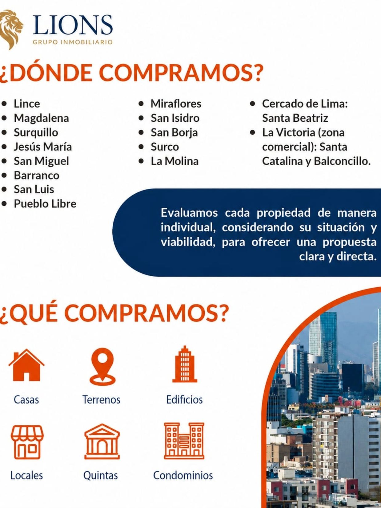Lions Grupo Inmobiliario lists neighborhoods and property types they buy in Lima.