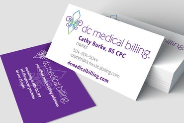 Business cards front/back. Colorful logo & copy on front. Back purple with white reversed out type.