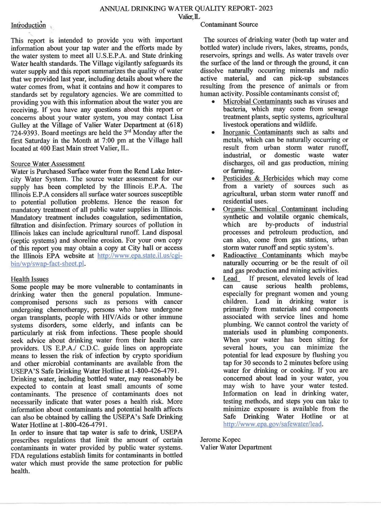 Annual drinking water quality report for Valier, IL detailing sources, contaminants, and health information.