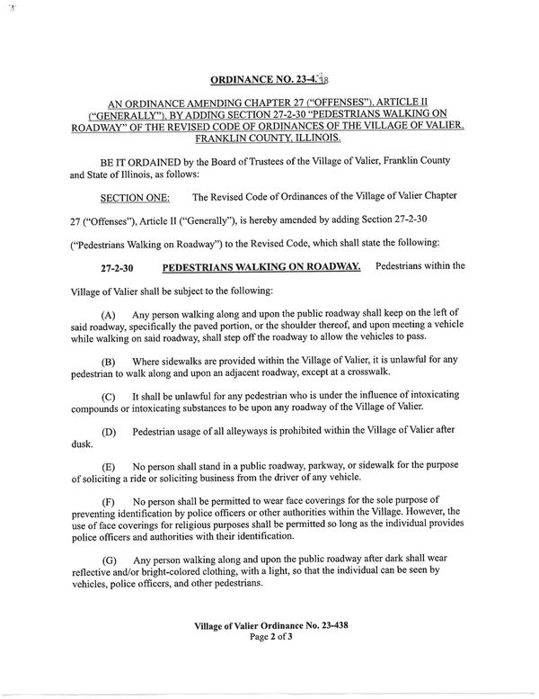 Village of Valier ordinance on pedestrian conduct and safety on roadways.