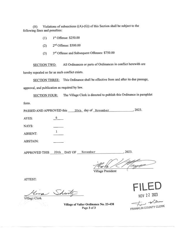 Official ordinance document with fines, approval signatures, and filing stamp.