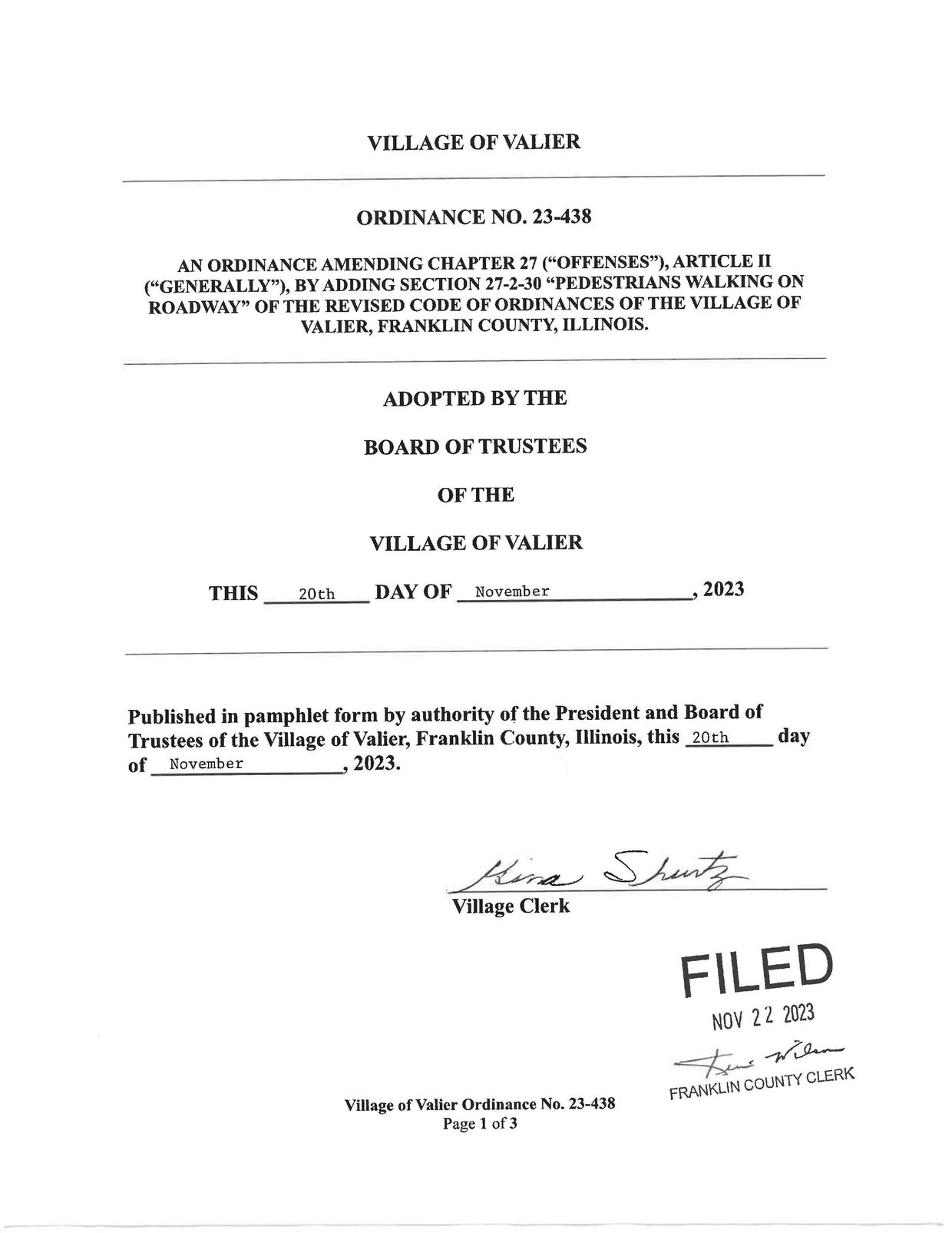 Ordinance No. 23-438 amending pedestrian laws in Valier, Illinois, adopted November 20, 2023.