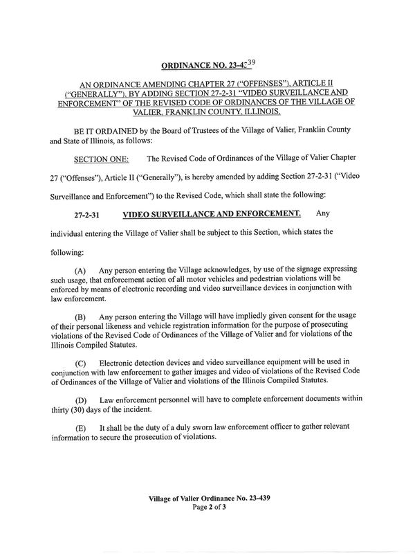 Ordinance no. 23-439 amends Valier village code to include video surveillance enforcement.