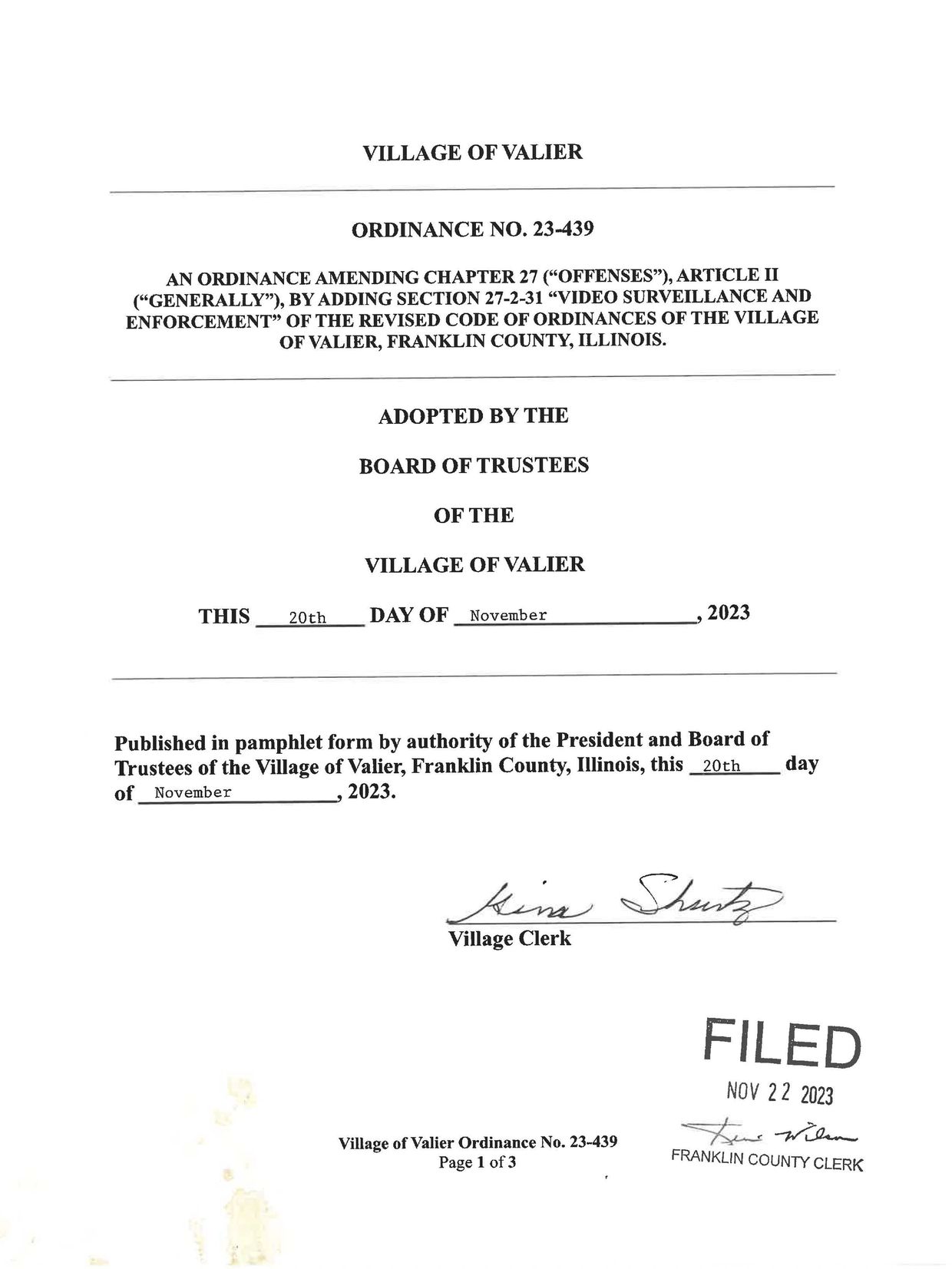 Ordinance 23-439 for video surveillance enforcement in Valier, Illinois, adopted November 20, 2023.
