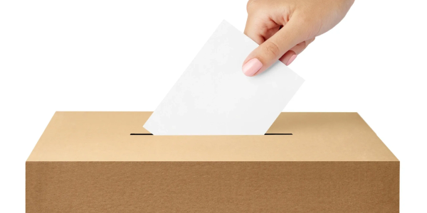Hand inserting a ballot into a voting box.