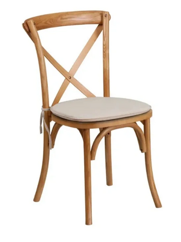 Wooden chair with a cushioned seat and X-back design.