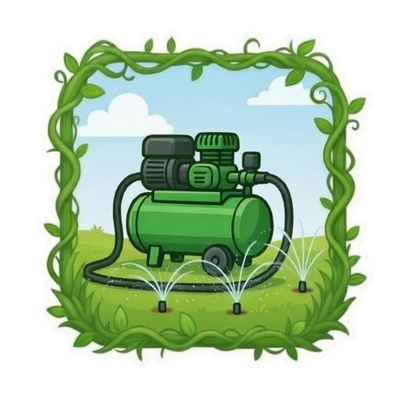 Green water pump irrigating plants in a garden.