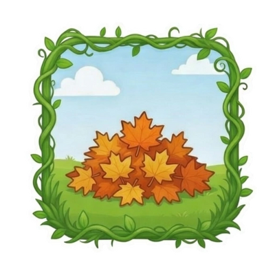 A pile of orange autumn leaves on grass under a blue sky.