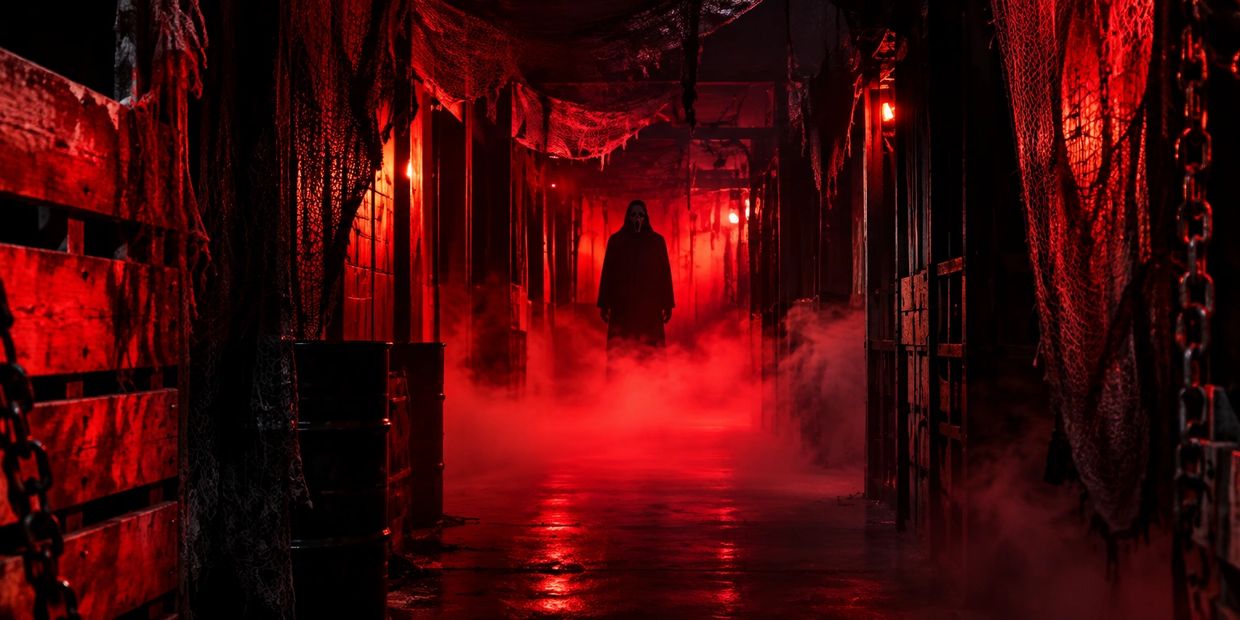A dark, foggy hallway with red lighting and a mysterious figure.