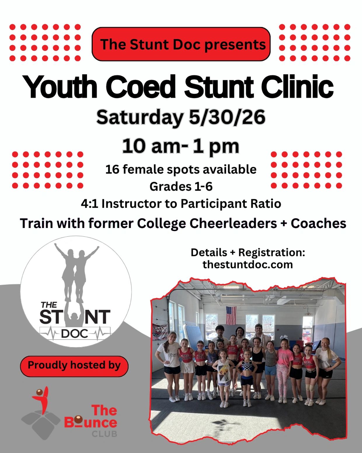 Youth Coed Stunt Clinic for grades 1-6 on 5/30/26, hosted by The Stunt Doc.