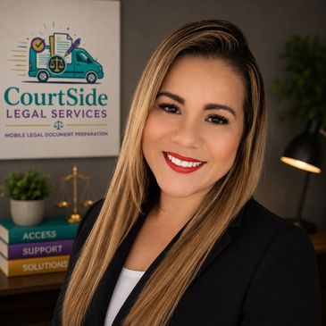 Professional woman smiling in office with CourtSide Legal Services sign.