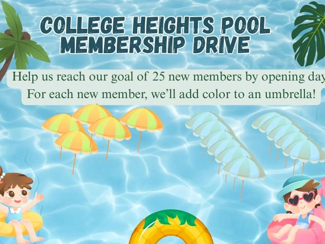 Pool membership drive with colorful umbrellas for new members at College Heights.