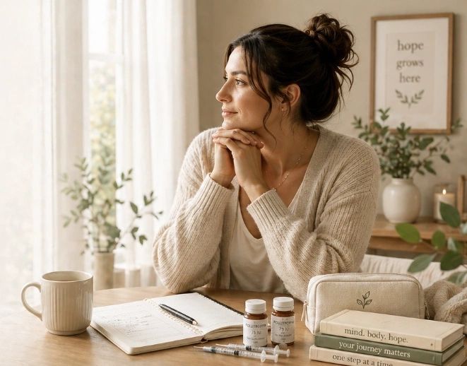 A woman sitting thoughtfully by a table with medical supplies and books.