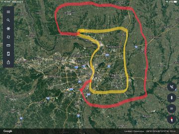 Inside Yellow area, free delivery.  Red area, $25 additional charge.  Outside red area, contact us.