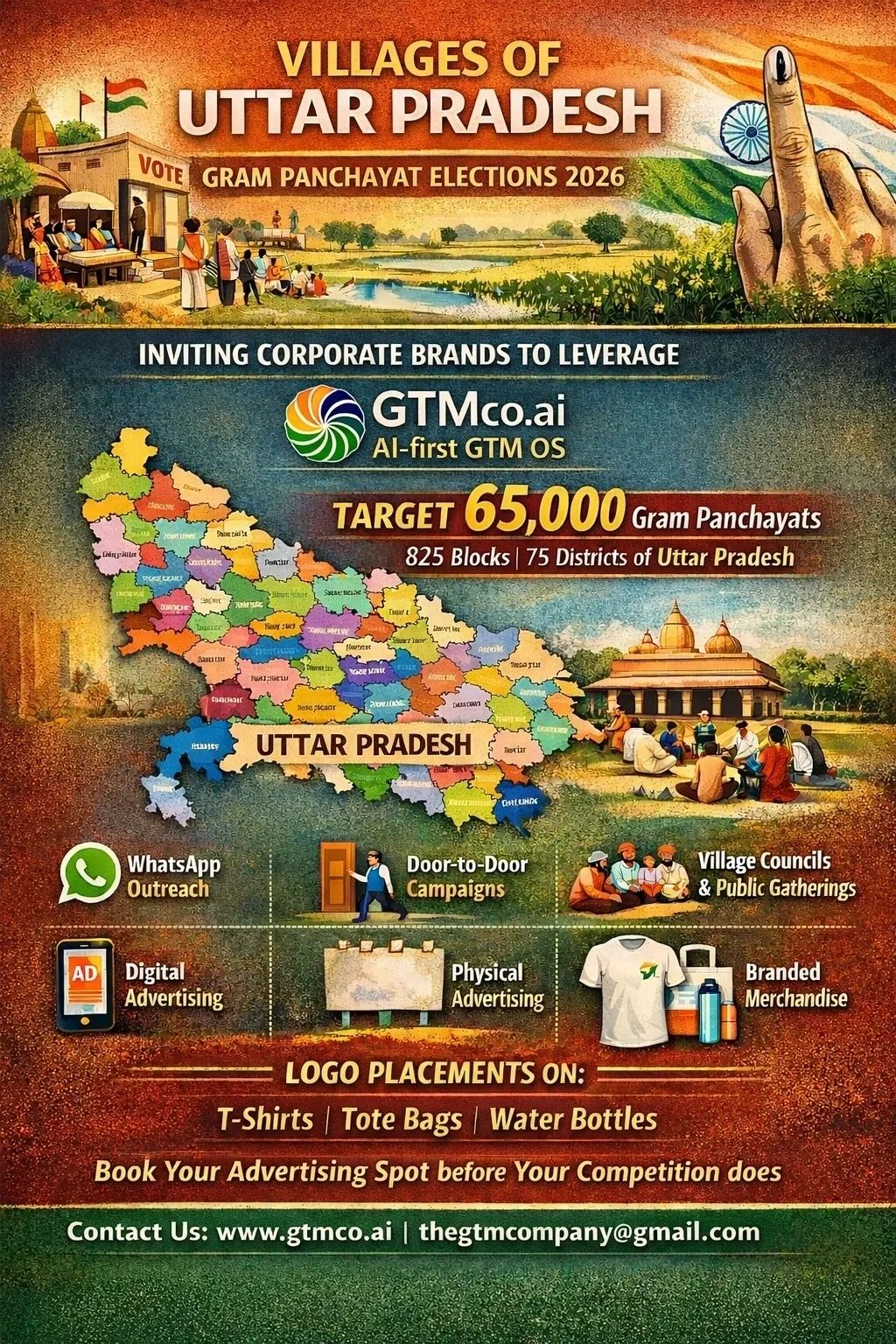 Promoting corporate brand leverage in Uttar Pradesh's 2026 Gram Panchayat elections with diverse advertising methods.
