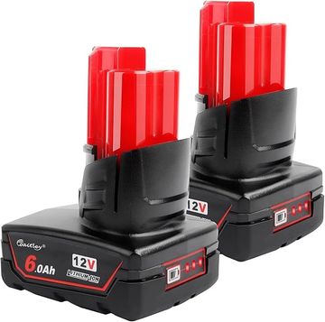 Pair of 12V 6.0Ah lithium-ion batteries with red tops and black bases.