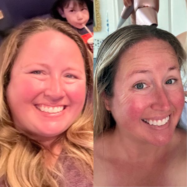 A woman smiling in two different settings.
