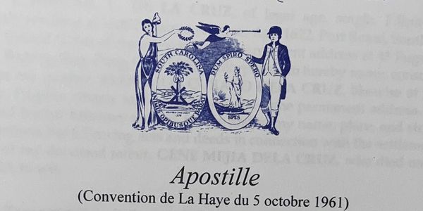 Apostille header with South Carolina emblem and French text.