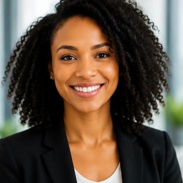 Confident woman with natural curly hair smiling warmly, dressed in business attire.