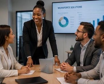 Business team discussing workforce solutions in a meeting.