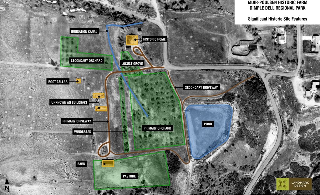 A breakdown of the historic Muir-Poulsen site, including the home, the orchard, and other landmarks.