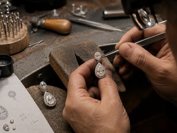 A jeweler carefully setting a diamond earring with tools at a workbench.