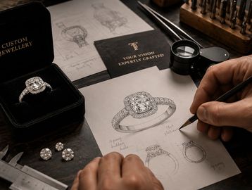 Jewelry designer sketching a detailed diamond ring design.