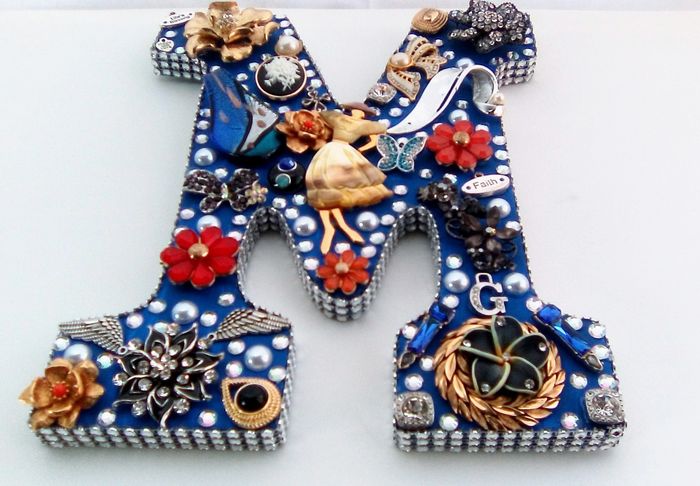 Jeweled letter "M", 10.5 inches, painted royal blue, wooden, hanging wall letter decor.