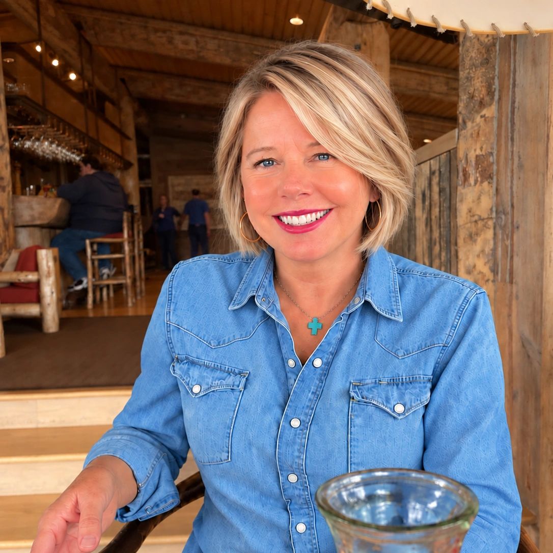 Smiling woman in a blue denim shirt at a rustic restaurant.