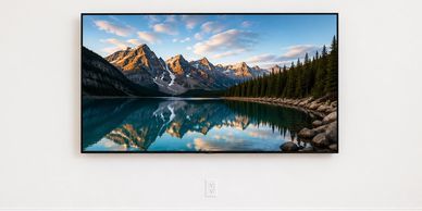 Wall-mounted TV showing mountain landscape at sunset.