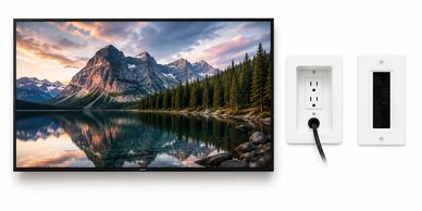 Wall-mounted TV with landscape and adjacent power outlet.