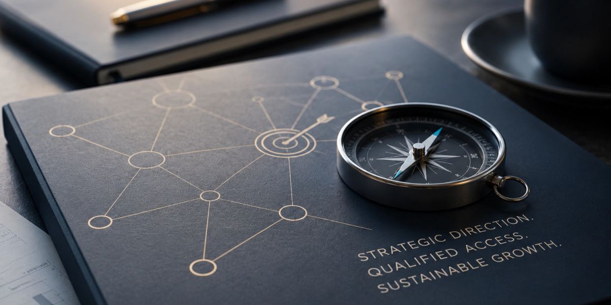 Compass on a strategic planning book with a pen and coffee.
