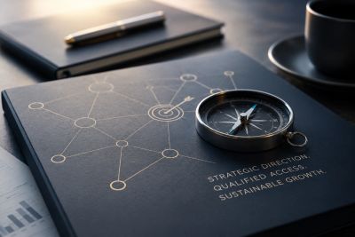 Compass on a strategic planning book with a pen and coffee.