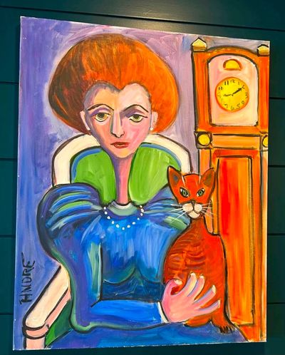 Abstract painting of a woman with a cat and a clock.