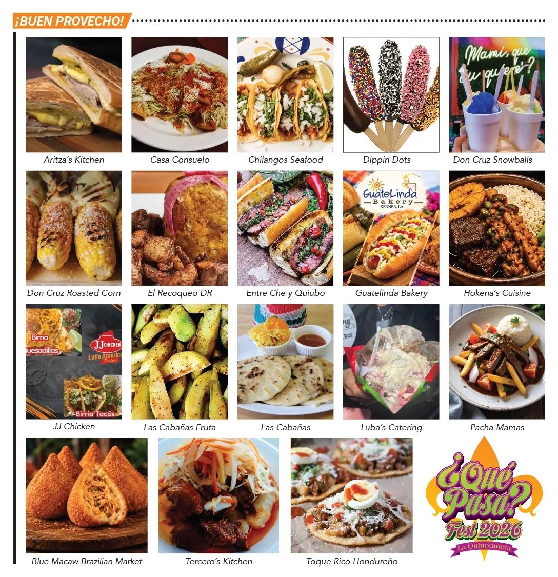 Collage of diverse dishes from various restaurants at ¿Qué Pasa? Fest 2026.
