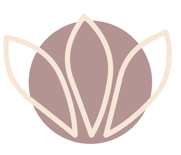 Minimalist flower logo with three petals inside a mauve circle.