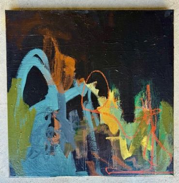 Abstract painting with blue, orange, green, and black colors.