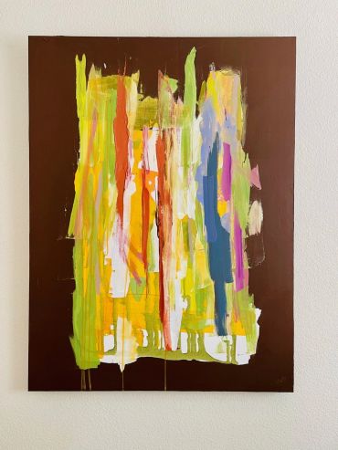 Abstract colorful painting with vertical strokes on dark background.