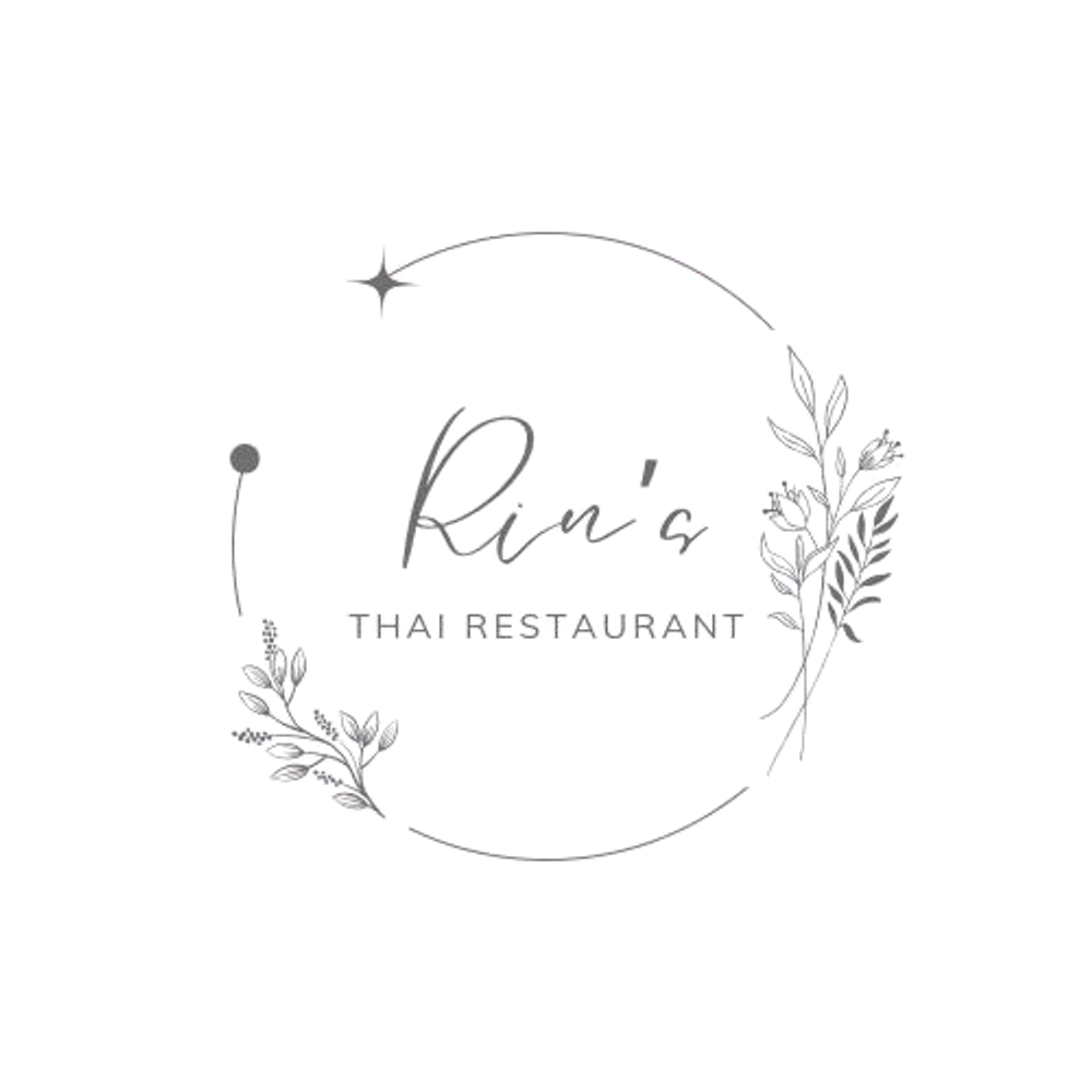 Elegant logo with floral accents and cursive text.
