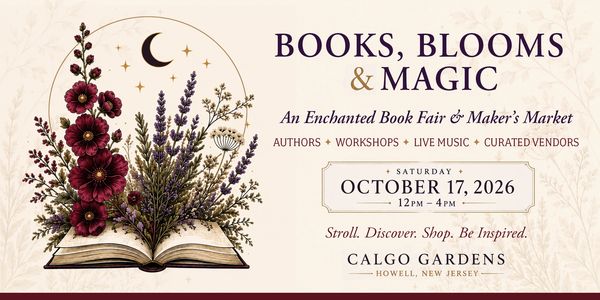 Books, Blooms &amp; Magic event poster with floral book illustration.