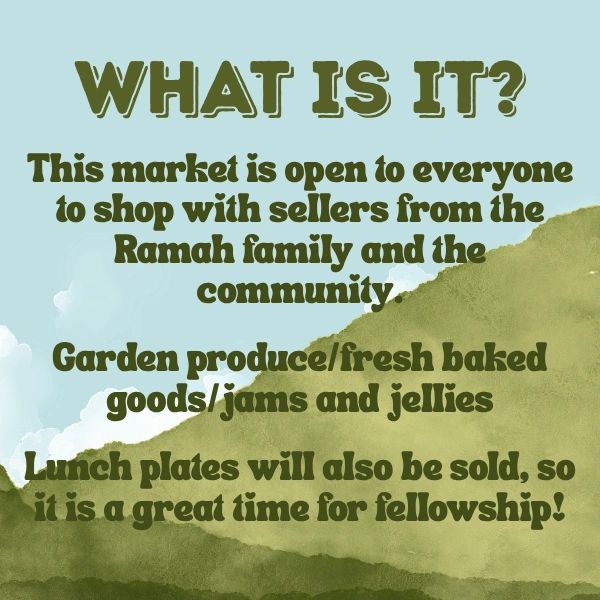 Community market with sellers from the Ramah family offering produce, baked goods, and lunch plates.