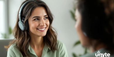 Two women engaged in conversation, one wearing headphones.