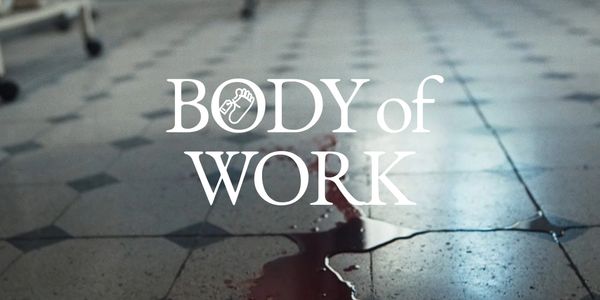 Blood trail on tiled floor with BODY of WORK text.