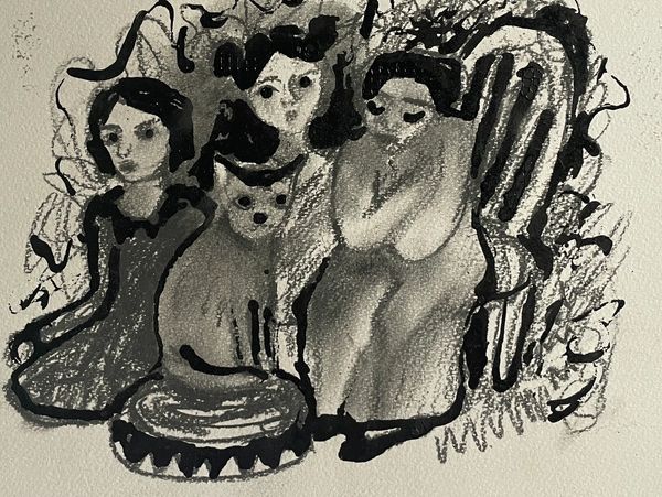 Black and white sketch of some ladies with a cat