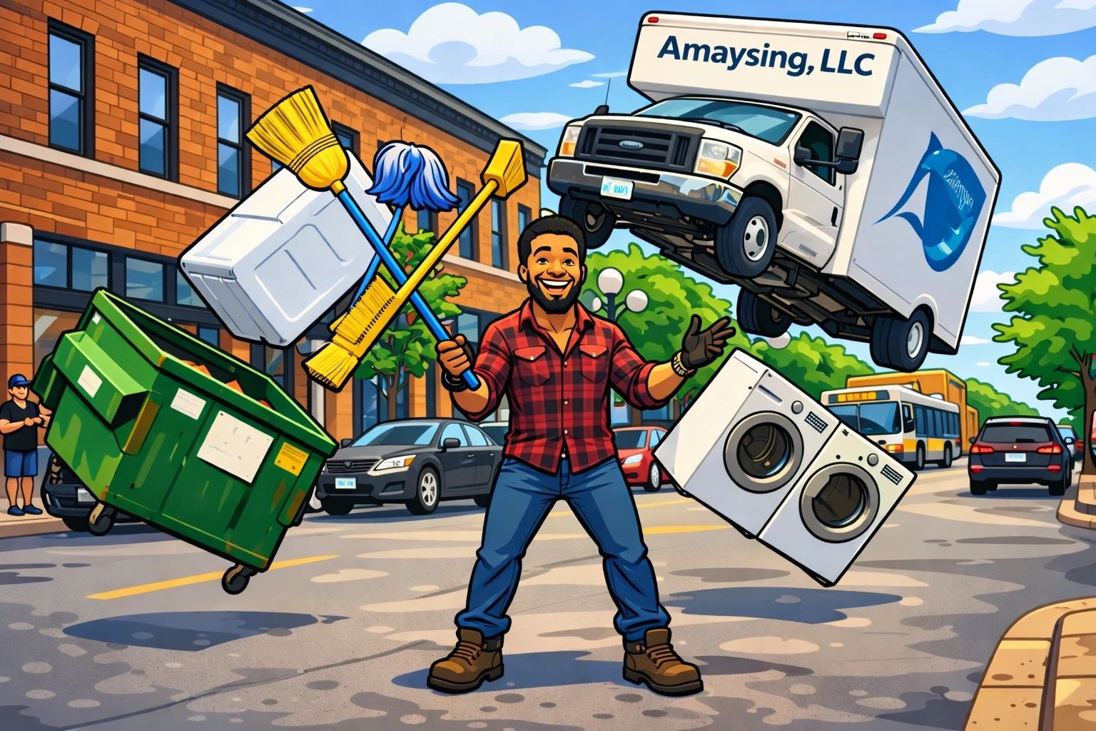 Man juggling cleaning supplies, appliances, and a truck in a lively urban street.