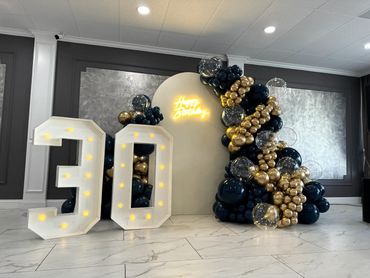 30th birthday party decorations with balloons, neon sign "Happy Birthday" and illuminated numbers.