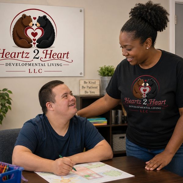 Caregiver encouraging a smiling student at Heartz 2 Heart Developmental Living.