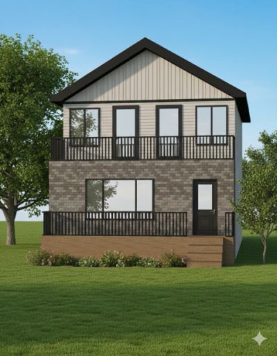 Two-story modern house with brick and siding exterior.