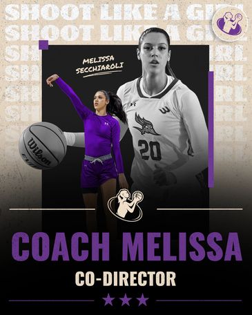 Graphic poster featuring Coach Melissa, basketball player and co-director, with a motivational theme.
